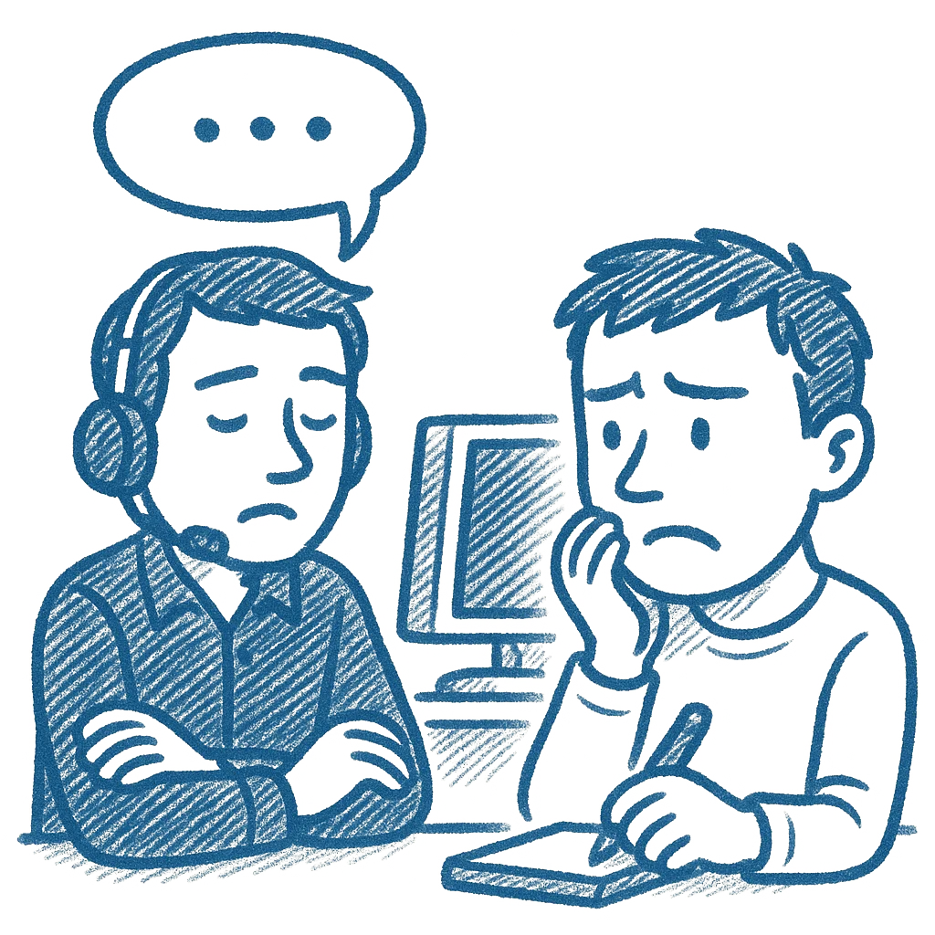 Оператор техподдержки скучающе сидит с гарнитурой, а клиент держится за голову от недопонимания.