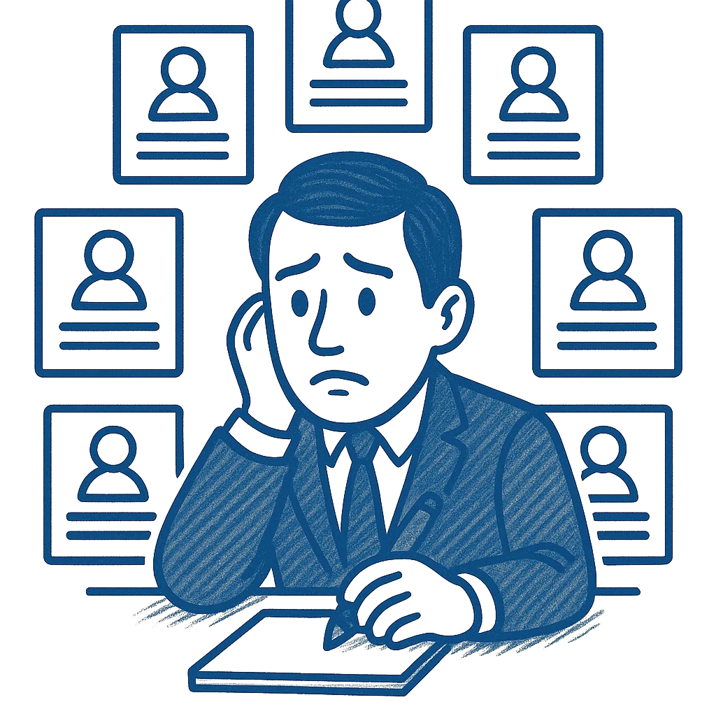 Офисный сотрудник в костюме с тревогой смотрит в сторону, вокруг него множество карточек с анонимными профилями клиентов.