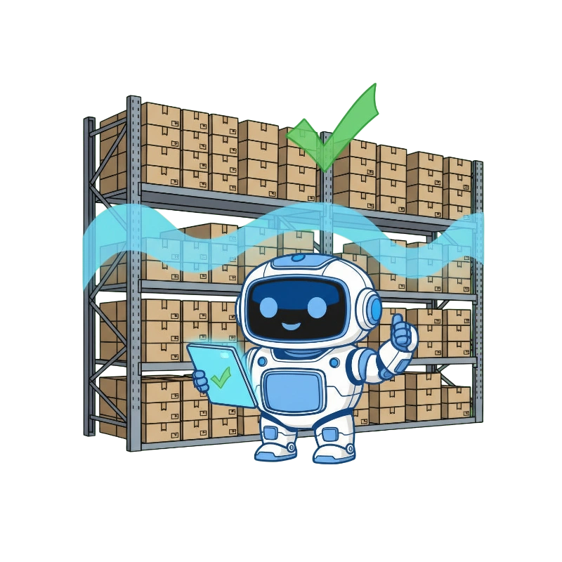Милый робот на фоне складских стеллажей с коробками — символ автоматизации и учёта запасов в Битрикс24