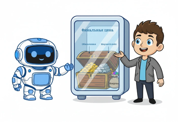 Прозрачный расчёт стоимости лицензии Битрикс24 — робот-помощник показывает клиенту финальную цену без скрытых расходов и переплат.