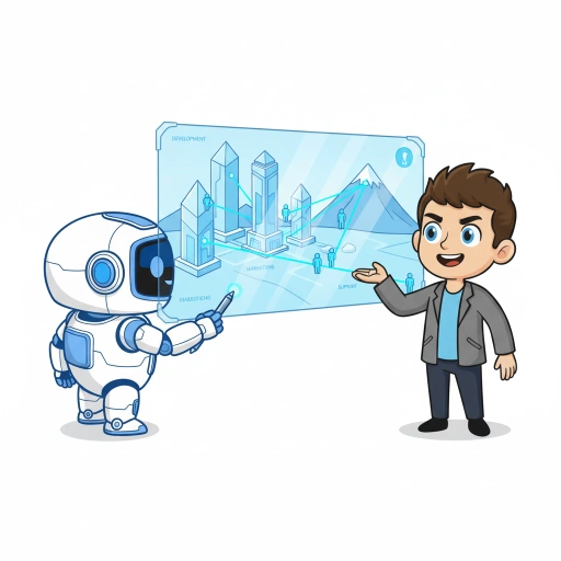 Анализ целей и задач внедрения Битрикс24 — менеджер и робот-помощник изучают бизнес-процессы компании для подбора оптимального решения.